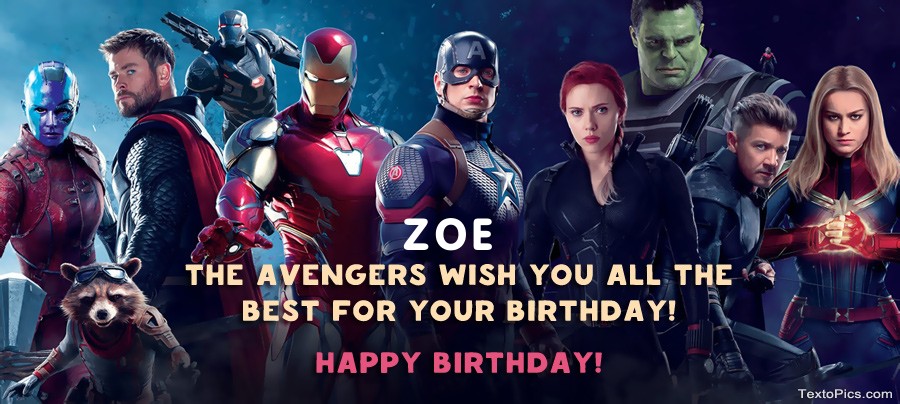 Pictures with names Marvel style Happy Birthday cards Zoe