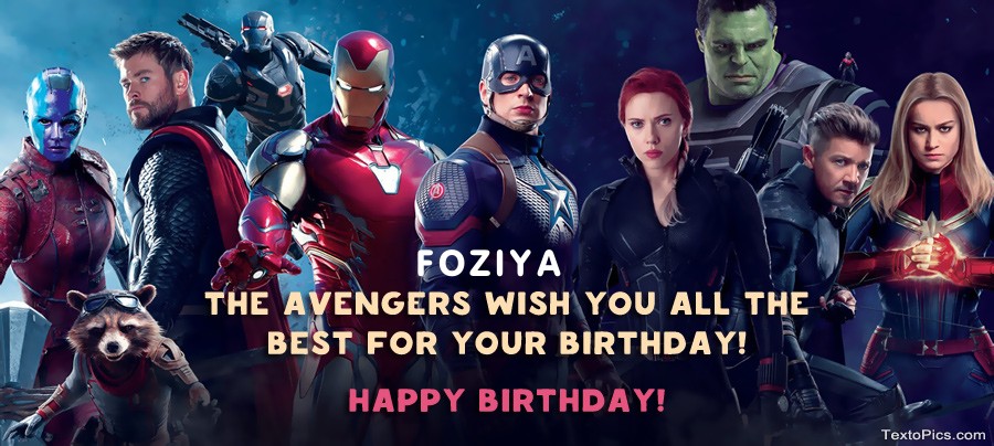 Pictures with names Marvel style Happy Birthday cards Foziya
